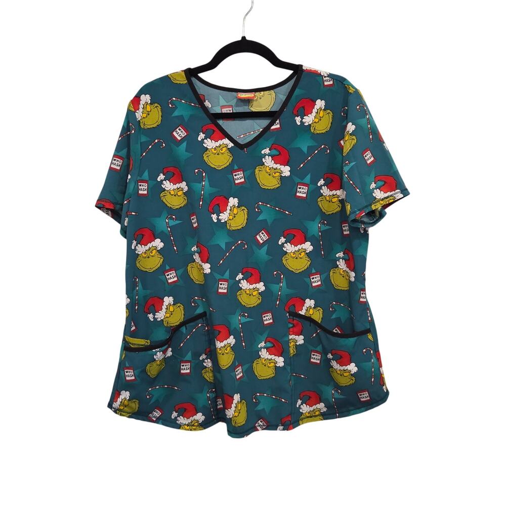 Dr. Seuss The Grinch  Christmas Scrub Top V-Neck Green Womens Size Large